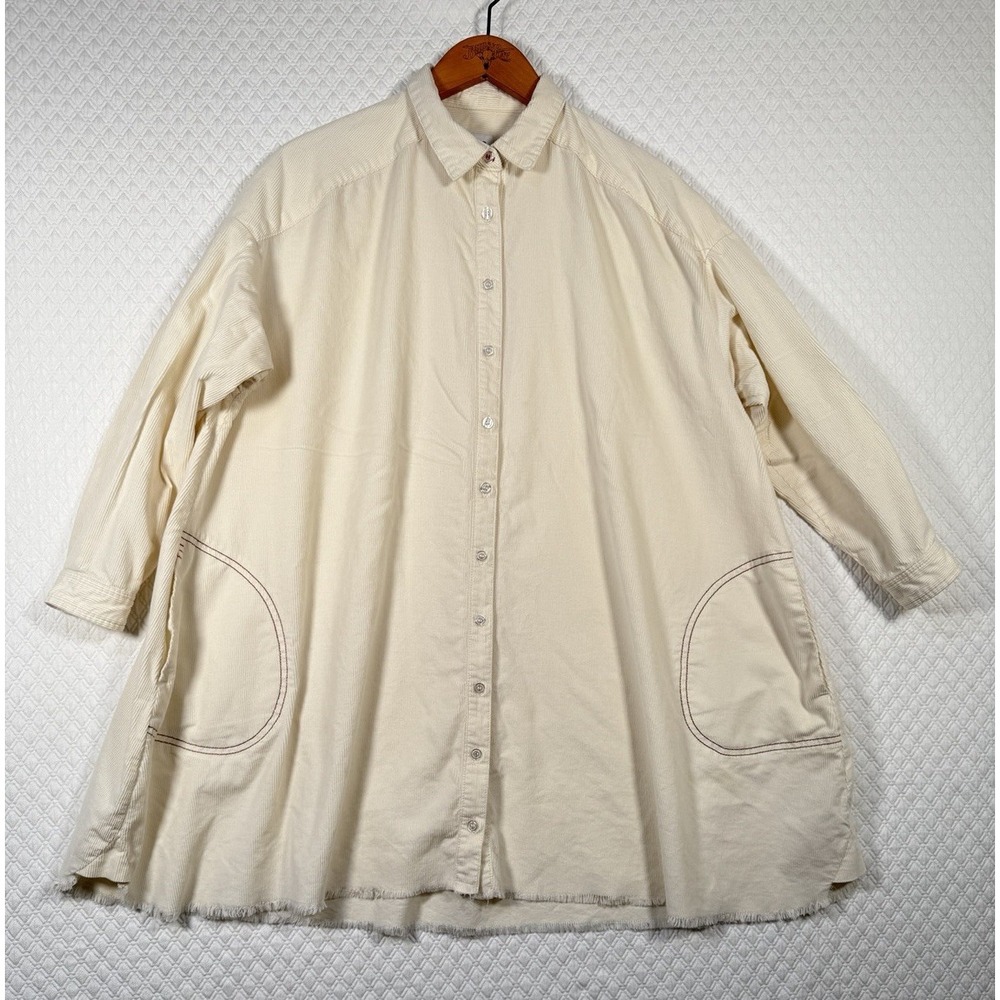 BDG Boxy Oversize Corduroy Shirt Dress S Urban Outfitters‎ Cream Raw Hem Pockets